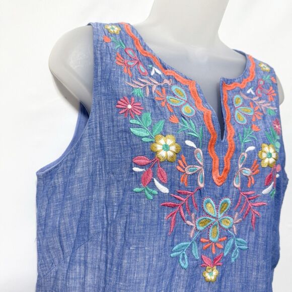 Talbots Linen Blend Floral Embroidered Chambray Shift Dress Blue Size 10 - Picture 4 of 10